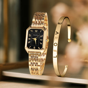 Um conjunto de relógio de duas peças para mulheres, incluindo um relógio de quartzo casual, um mostrador retangular clássico vintage e uma pulseira de liga confortável, tornando-o um presente perfeito para família e amigos, ideal para o Dia de Páscoa ou uso casual (caixa não incluída).