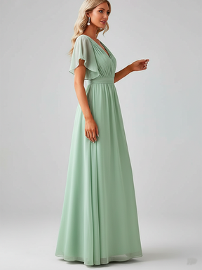 Sage Green Elegance: V-Neck A-Line Wedding Gown