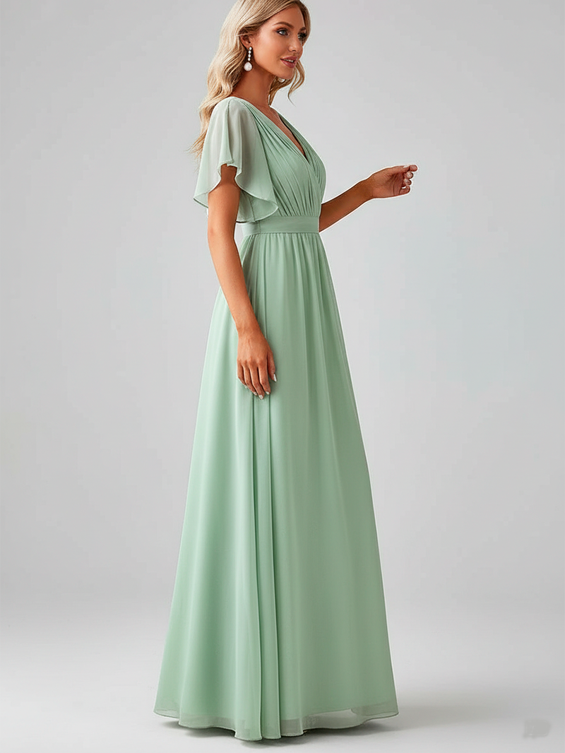 Sage Green Elegance: V-Neck A-Line Wedding Gown