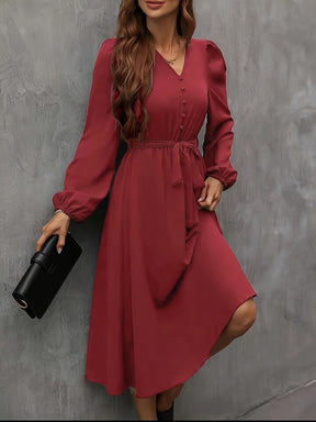 Vestido de Mulher Francês Vintage Borgonha com Decote em V, Mangas com Folhos e Laço na Cintura - Vestido Elegante de Festa, Casamento, A-Line, Corte Flattering para Gala de Natal