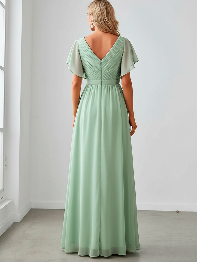 Sage Green Elegance: V-Neck A-Line Wedding Gown