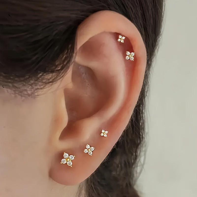 6 Peças Brincos de Zircônia Sintética em Cobre com Flores Pequenas - Acessórios para Orelha em 3 Tamanhos