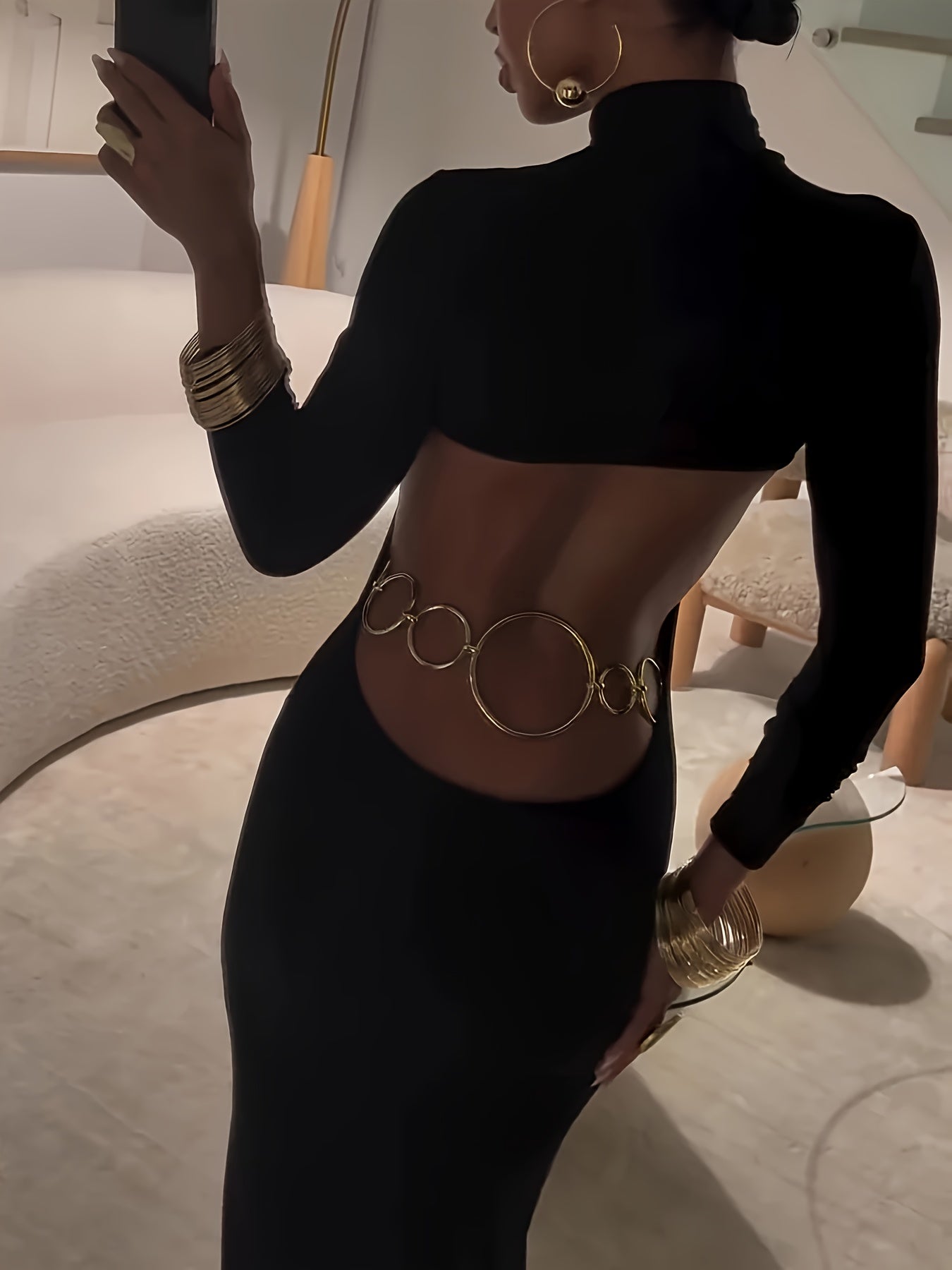 Vestido elegante preto para mulheres - Manga comprida, corte A, tecido não transparente para outono/inverno, escritório, festa, roupas casuais - ZLLZ Vestidos chiques para mulheres, atuário de escritório, design sofisticado, material durável, vestido elegante, amantes da moda, vestido para senhora/mulher