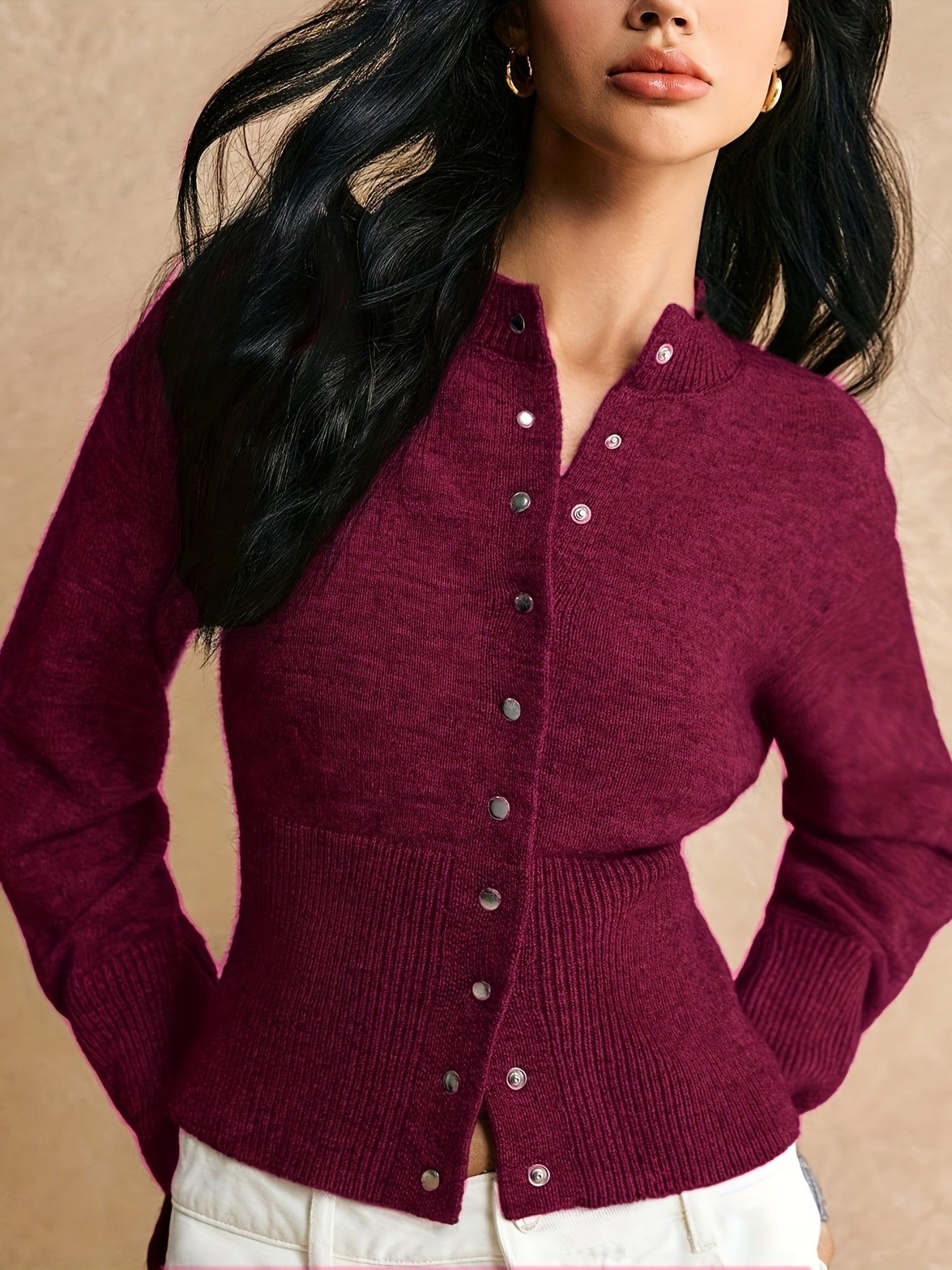 Cardigã elegante de coroas para mulheres - Manga comprida, fecho de botão, decote redondo, elástico e elegante para outono/inverno, casual a formal, vestuário formal de inverno | Cardigã de decote redondo | Construção, cardigã de malha