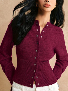 Cardigã elegante de coroas para mulheres - Manga comprida, fecho de botão, decote redondo, elástico e elegante para outono/inverno, casual a formal, vestuário formal de inverno | Cardigã de decote redondo | Construção, cardigã de malha