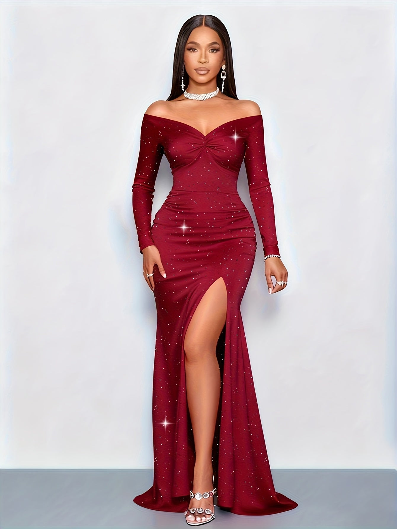 Vestido de Noite Elegante Sereia para Mulheres com Decote em V, Mangas Longas e Fenda de Lantejoulas - Vestido de Festa Formal Brilhante para Casamento, Lavável à Máquina, Comprimento Longo para Baile/Cocktail, Cauda Ajustada para Eventos de Gala (Inverno, Rosa Suave)