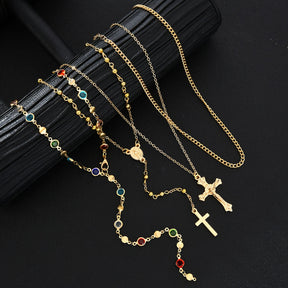 4 Peças de Colar Cruz Minimalista Bohemio com Strass Colorido para Uso Diário, Festas e Passeios na Praia - Cores Aleatórias