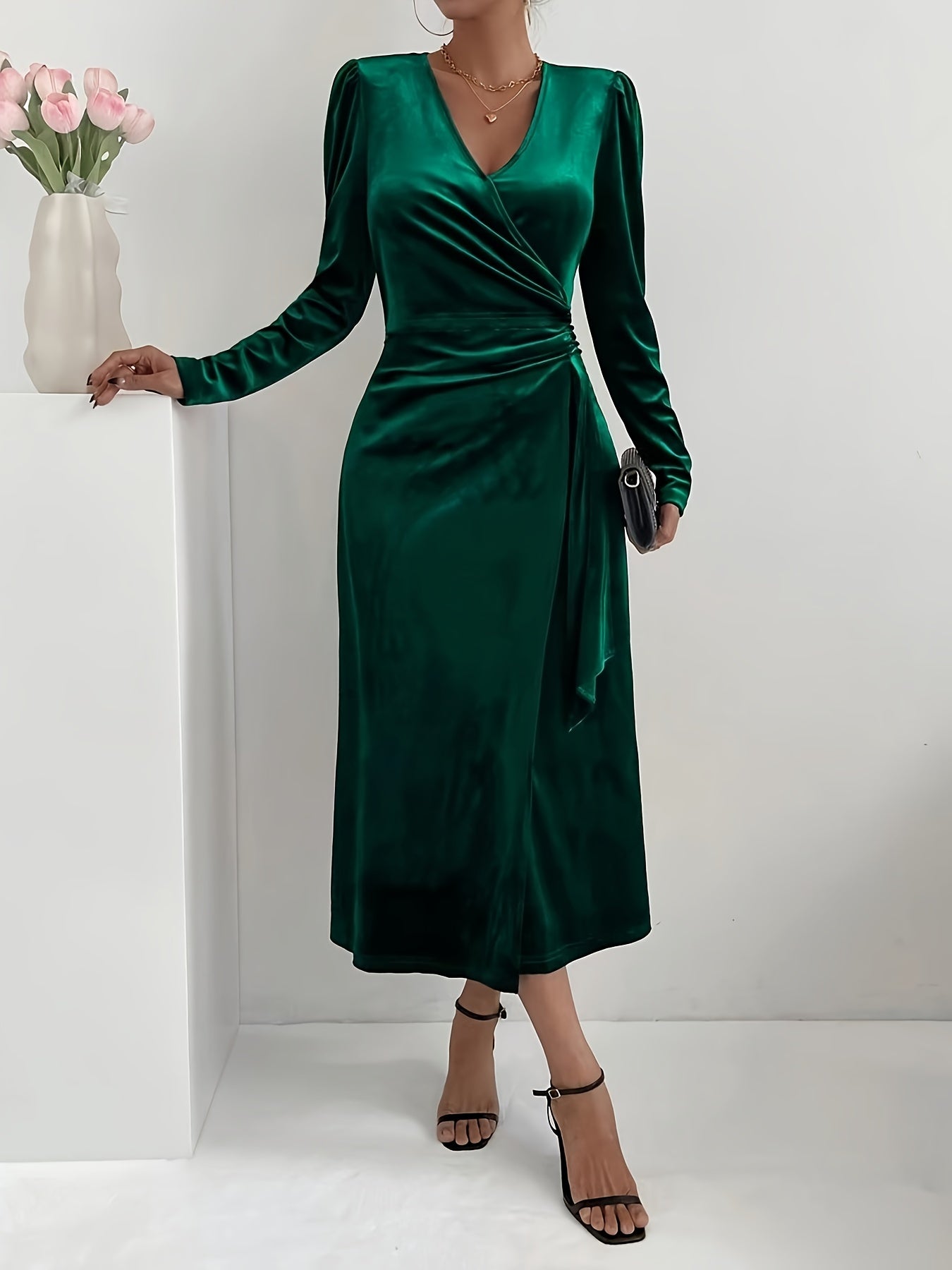 Vestido de Festa Elegante Feminino Estilo Francês - Midi Manga Longa com Pregas Verticais, Lavável na Máquina, Ideal para Casamentos e Eventos de Outono/Inverno