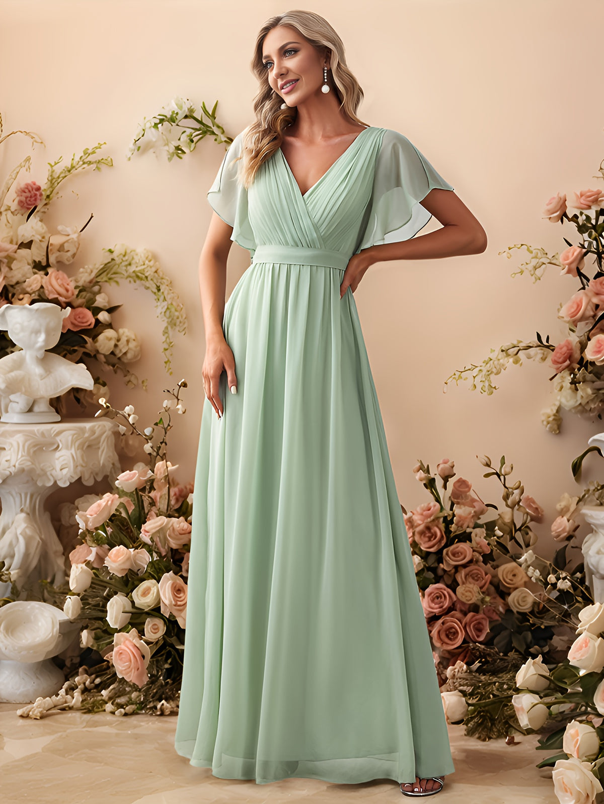 Vestido de casamento elegante em verde sálvia para mulheres - Vestido formal de dama de honra com decote em V, bainha arredondada, laço ajustável nas costas, silhueta em linha A para noivas, bailes, eventos especiais - Roupa formal leve para festas, vestido de baile, mangas borboleta, textura delicada, roupa de noite