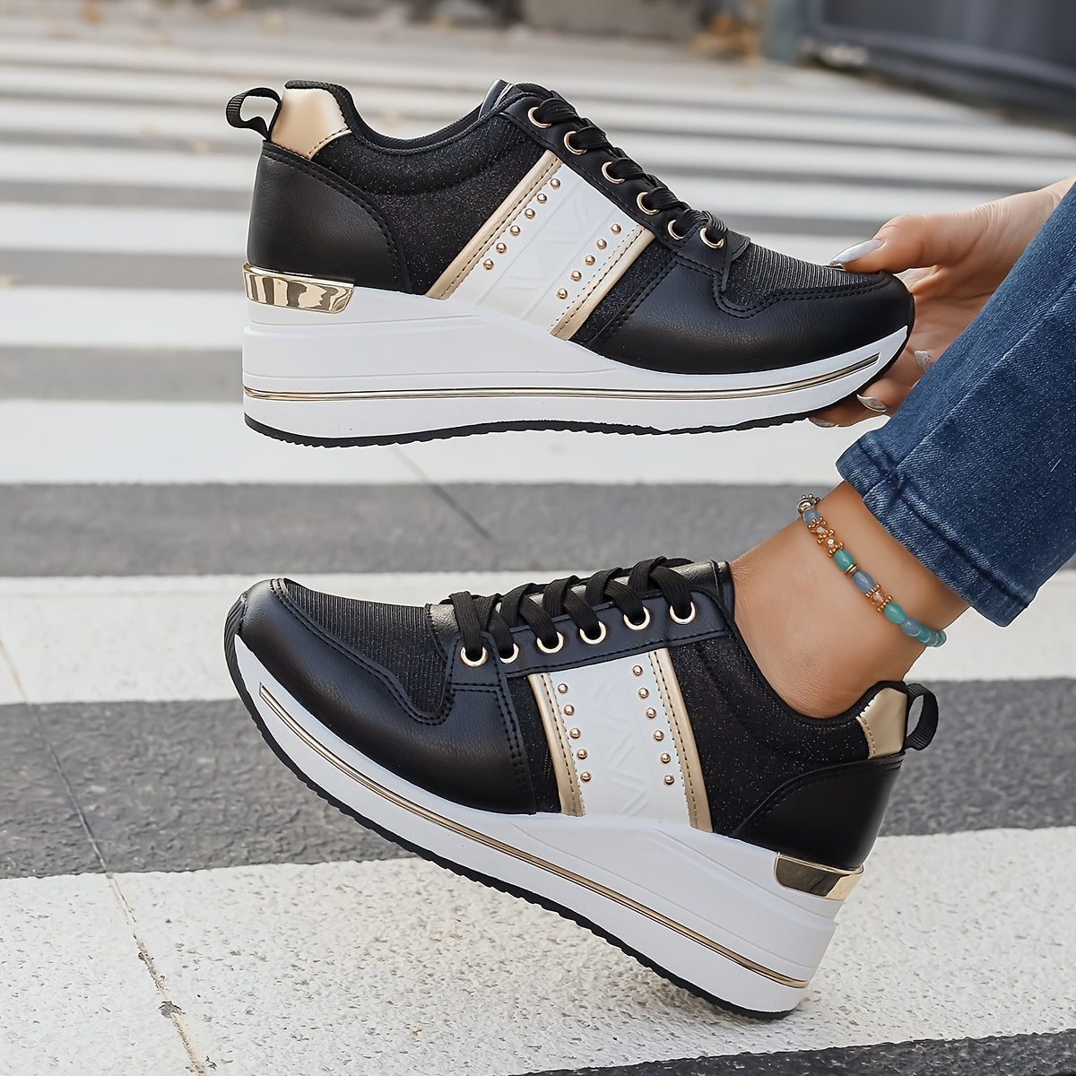 Women'S Stylish Black Sneakers with 2.76inch Insole - Non-Slip, All-Season Comfort, Motion-Control Support, Polyurethane Upper, Fabric Lining & Sole, Casual Elegance, Casual Footwear | Stylish Sneakers | Comfortable Footwear