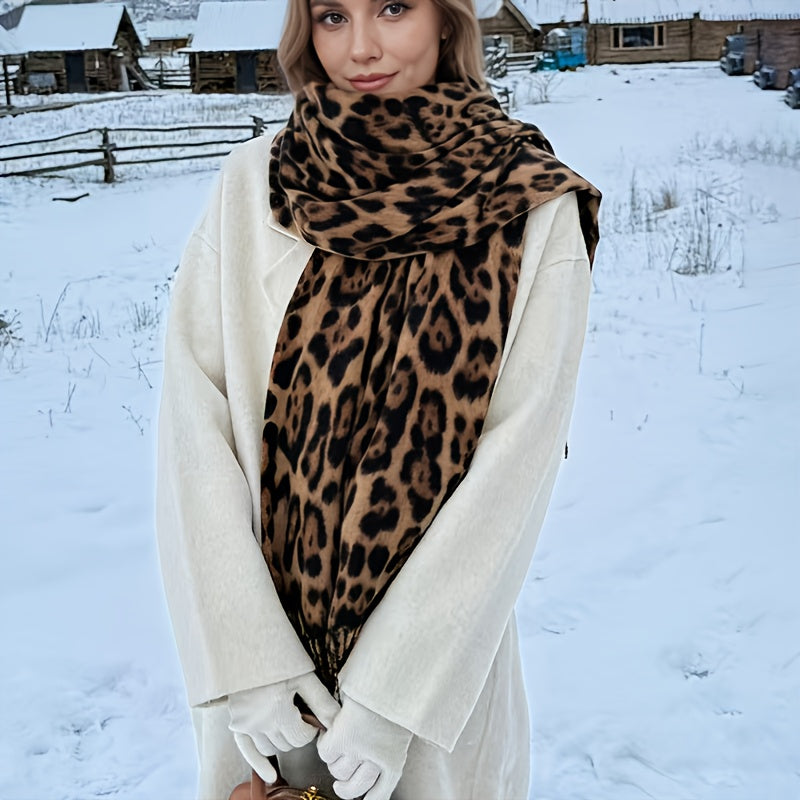 Lenço de leopardo para mulheres - Elegante envoltório de pescoço com estampa animal, suave e quente, à prova de vento, acessório de inverno para ocasiões diárias e formais, lenço elegante não elástico em preto/bege/, presente de férias perfeito para mulheres, moda sazonal, envoltório elegante, material premium, amantes da moda