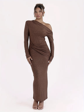 Vestido elegante de manga comprida e decote nas costas - Castanho brilhante, design franzido, bainha alta-baixa, perfeito para festas e eventos formais, roupa de noite formal | Textura brilhante | Detalhes franzidos, vestido