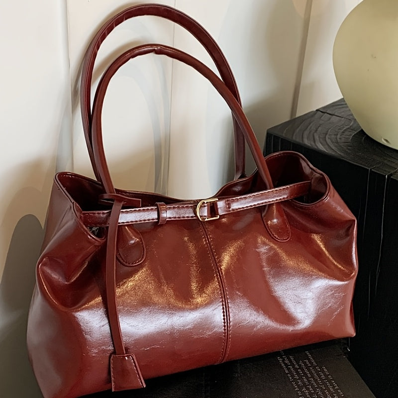 Bolsa Feminina Elegante - Tote de Grande Capacidade com Fecho IC e Detalhes Dourados, Preto Brilhante/Marrom Cintilante/Vermelho/Café - Bolsa Redonda Minimalista para Viagem ou Uso Diário - Necessaire Durável, Bolsas para Mulheres, Bolsa Tote para Mulheres, Bolsa de Ombro para Mulheres, Bolsas Tote para Mulheres, Bolsas Modernas para Mulheres, Bolsas de Mão para Mulheres, Bolsa Urbana, Bolsas para Mulheres, Bolsa Tote de Grande Capacidade, Mochila Universitária,