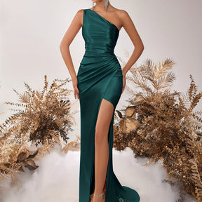 Satin Elegance: One-Shoulder Gown with Graceful Hem