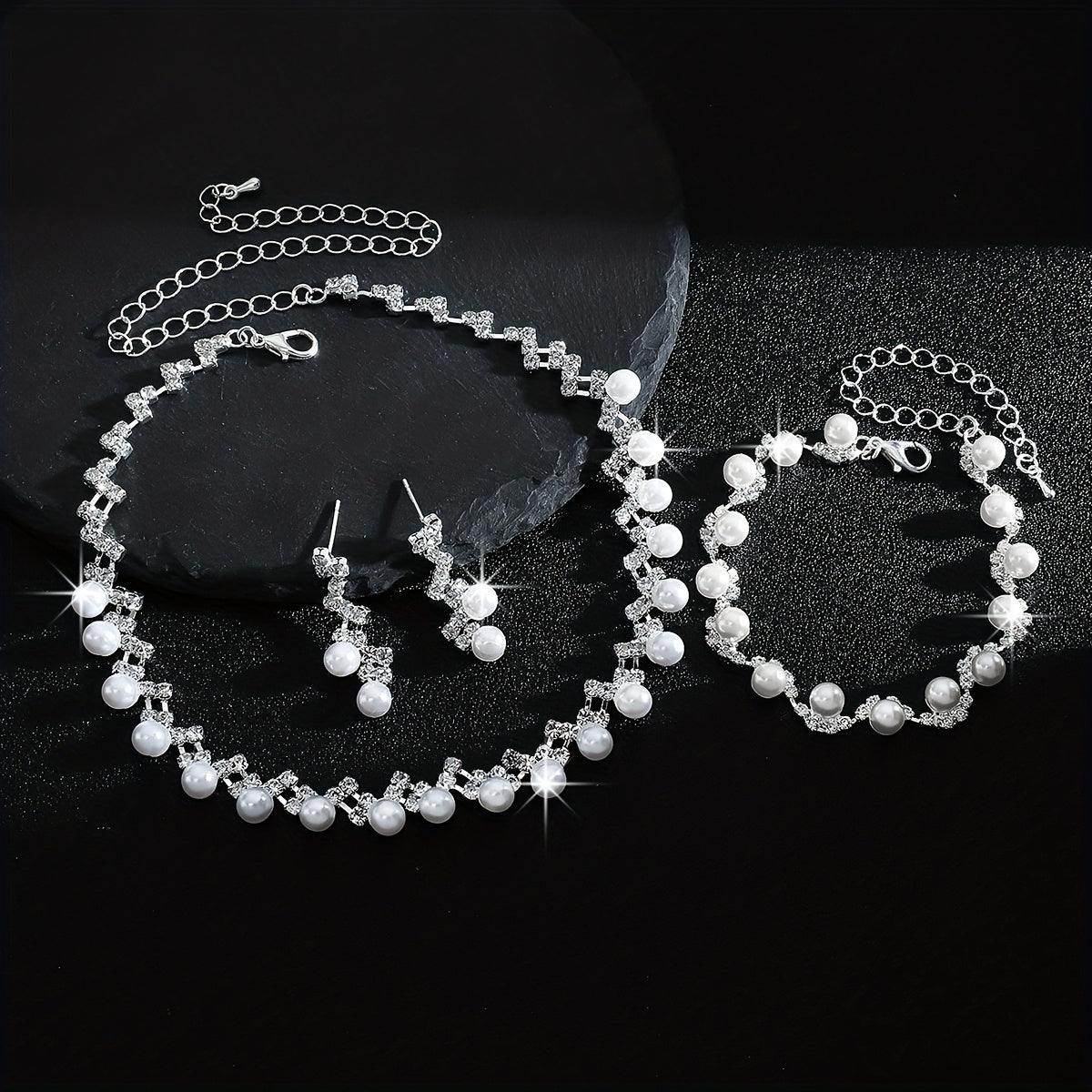 Conjunto de colar, pulseira e brincos de pérolas de imitação de luxo - Elegante em branco K dourado, material principal de cobre, perfeito para festas e banquetes, acessório para o Dia de Ação de Graças, joias para todas as estações, acessórios para festas | Acessório elegante | Joias de pérolas de imitação