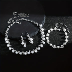 Conjunto de colar, pulseira e brincos de pérolas de imitação de luxo - Elegante em branco K dourado, material principal de cobre, perfeito para festas e banquetes, acessório para o Dia de Ação de Graças, joias para todas as estações, acessórios para festas | Acessório elegante | Joias de pérolas de imitação