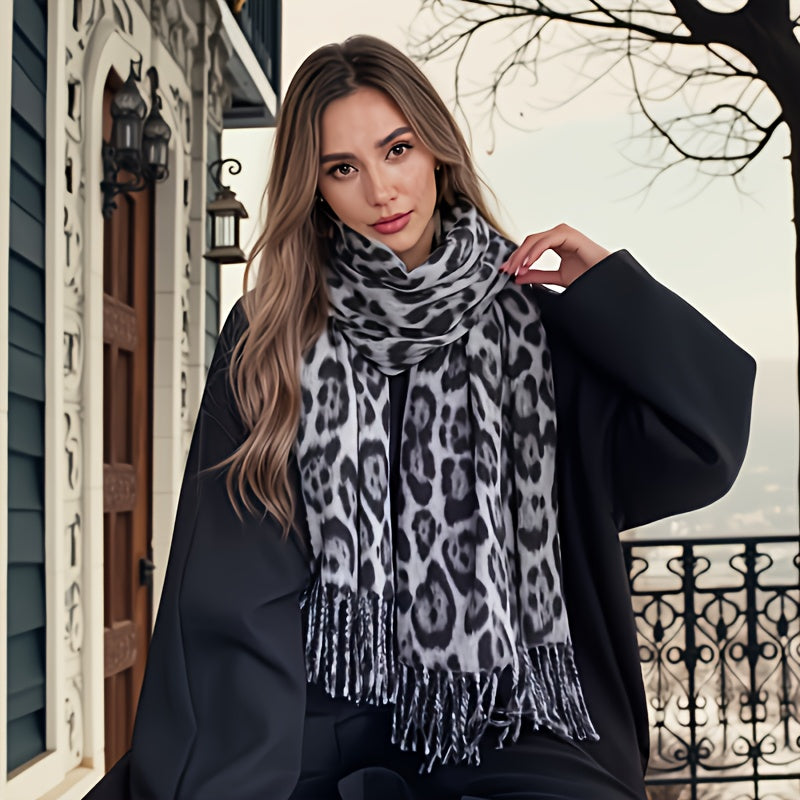 Lenço de leopardo para mulheres - Elegante envoltório de pescoço com estampa animal, suave e quente, à prova de vento, acessório de inverno para ocasiões diárias e formais, lenço elegante não elástico em preto/bege/, presente de férias perfeito para mulheres, moda sazonal, envoltório elegante, material premium, amantes da moda