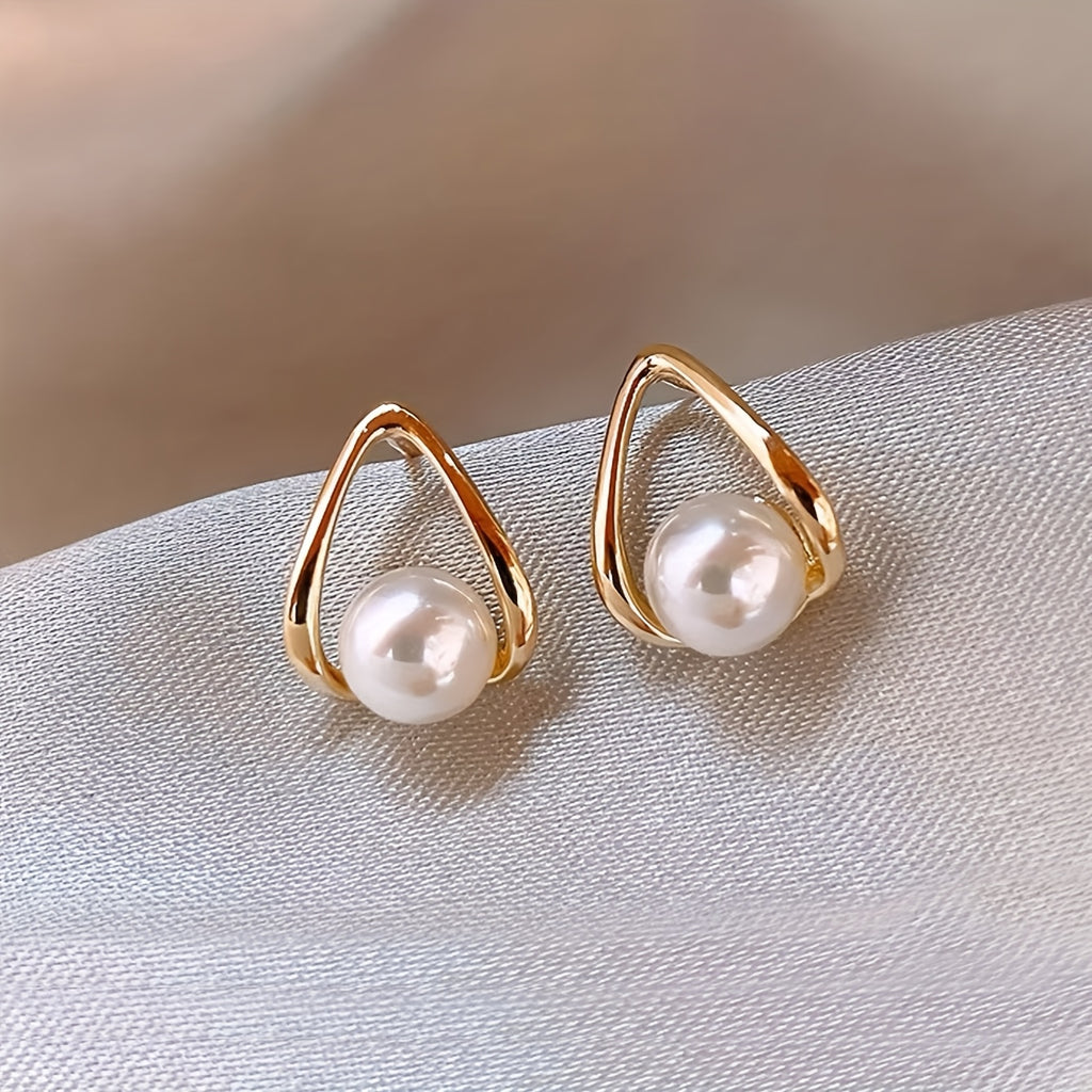 1 Par de Brincos Estilo Francês Retrô com Pérolas de Imitação Geométricas - Metal Dourado com Pérola Falsa, Joias Minimalistas para o Dia a Dia das Mulheres, Versáteis para Ocasiões Casuais e Formais, Acessórios Sazonais | Design Elegante