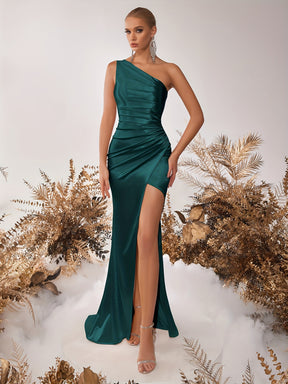 Vestido de uma alça de cetim, elegante vestido de noite comprido com bainha franzida para festa e banquete, roupa de mulher