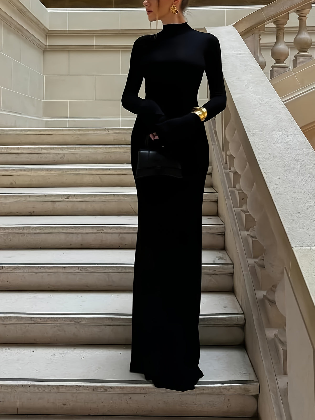 Vestido elegante preto para mulheres - Manga comprida, corte A, tecido não transparente para outono/inverno, escritório, festa, roupas casuais - ZLLZ Vestidos chiques para mulheres, atuário de escritório, design sofisticado, material durável, vestido elegante, amantes da moda, vestido para senhora/mulher