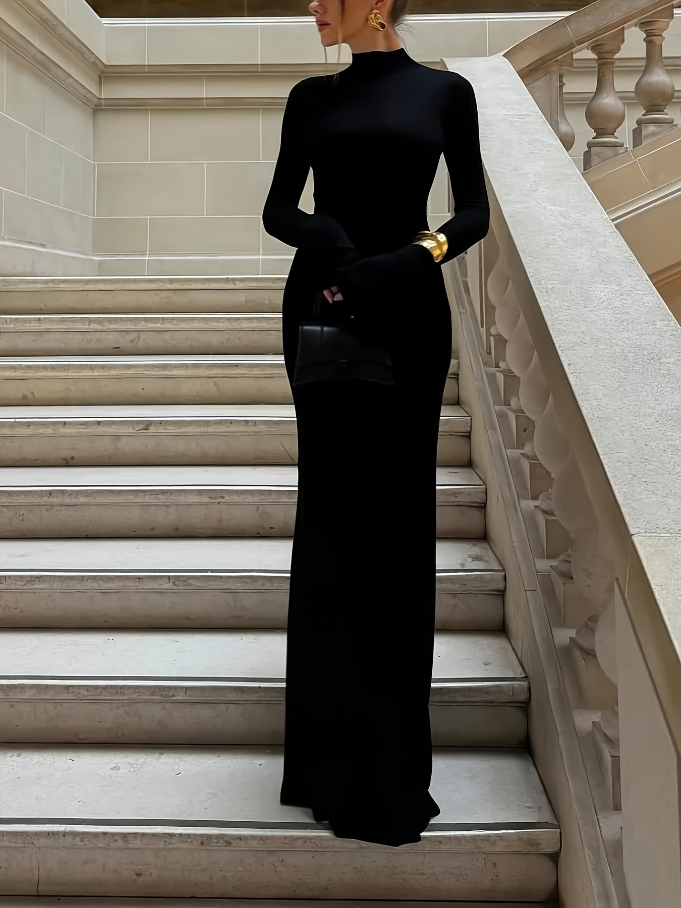 Vestido elegante preto para mulheres - Manga comprida, corte A, tecido não transparente para outono/inverno, escritório, festa, roupas casuais - ZLLZ Vestidos chiques para mulheres, atuário de escritório, design sofisticado, material durável, vestido elegante, amantes da moda, vestido para senhora/mulher