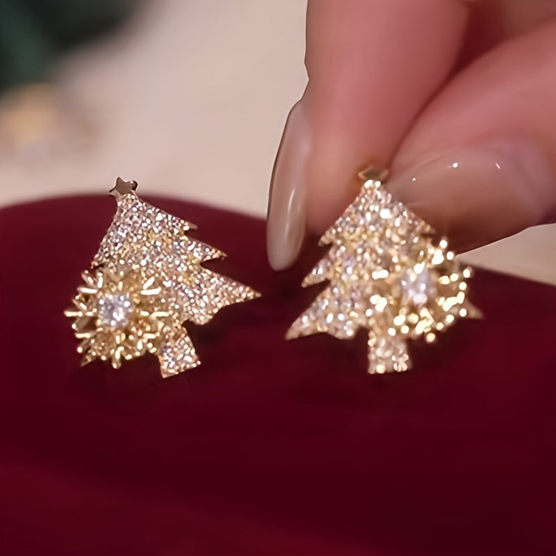 1 Par de Brincos de Flocos de Neve de Árvore de Natal Elegantes para Mulheres - Zircónia Sintética Brilhante, Cobre Sem Níquel, Perfeito para Festas de Natal e Vestuário Casual, Presente de Joias Festivas, Brincos de Natal