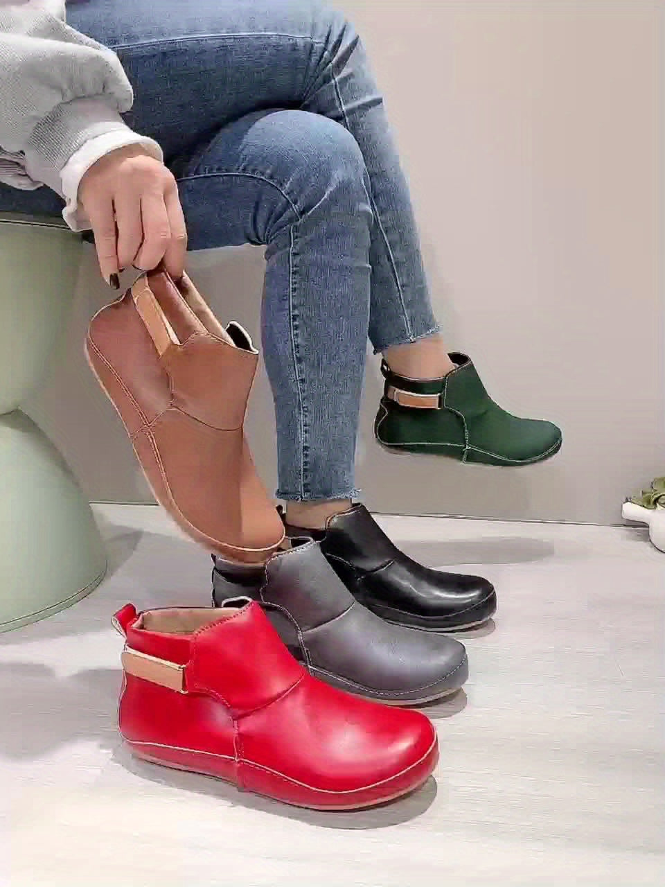 [Plus Size Ankle Boots] Women's Plus Size Green Synthetic Ankle Boots | Adjustable Hook-and-Loop Straps, Side Zipper, Platform Sole, Round Toe, Casual All-Season Boots for Comfortable Footwear