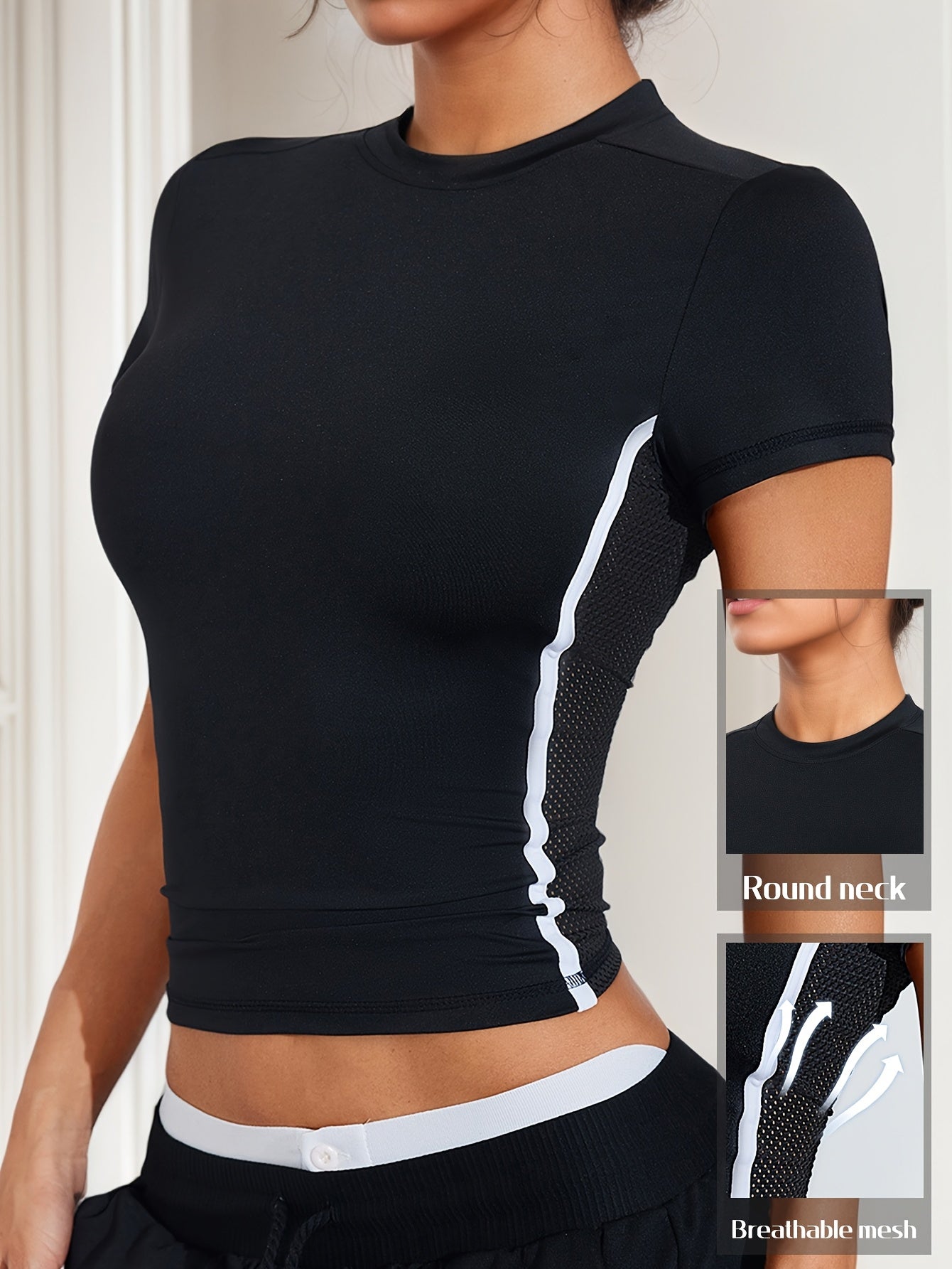 T-shirt de Yoga Feminino - Top de Treino Slim Fit com Painéis Laterais em Malha, Tecido Elástico e Respirável para Ginásio, Corrida, Caminhada - Camisola Desportiva de Primavera/Outono em Rosa/Branco/Preto/Cinzento/