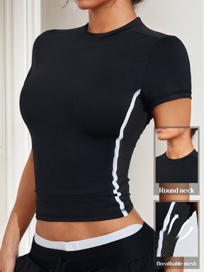 T-shirt de Yoga Feminino - Top de Treino Slim Fit com Painéis Laterais em Malha, Tecido Elástico e Respirável para Ginásio, Corrida, Caminhada - Camisola Desportiva de Primavera/Outono em Rosa/Branco/Preto/Cinzento/
