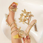 Sandálias de Salto Alto de Cristal Femininas com Design Envolto em Strass e Decorações de Borboletas, Dedos Abertos, com Elegantes Saltos Brilhantes de 9CM, Adequadas para Casamentos, Festas e Outras Ocasiões.