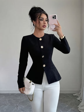 Fashion Long Sleeve Waist-Tightening Jacket with Golden Button Decoration, Versatile for Daily Wear, Spring and Summer