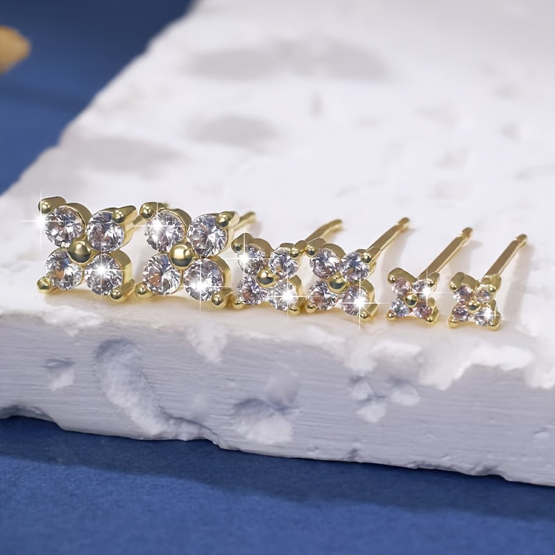 6 Peças Brincos de Zircônia Sintética em Cobre com Flores Pequenas - Acessórios para Orelha em 3 Tamanhos