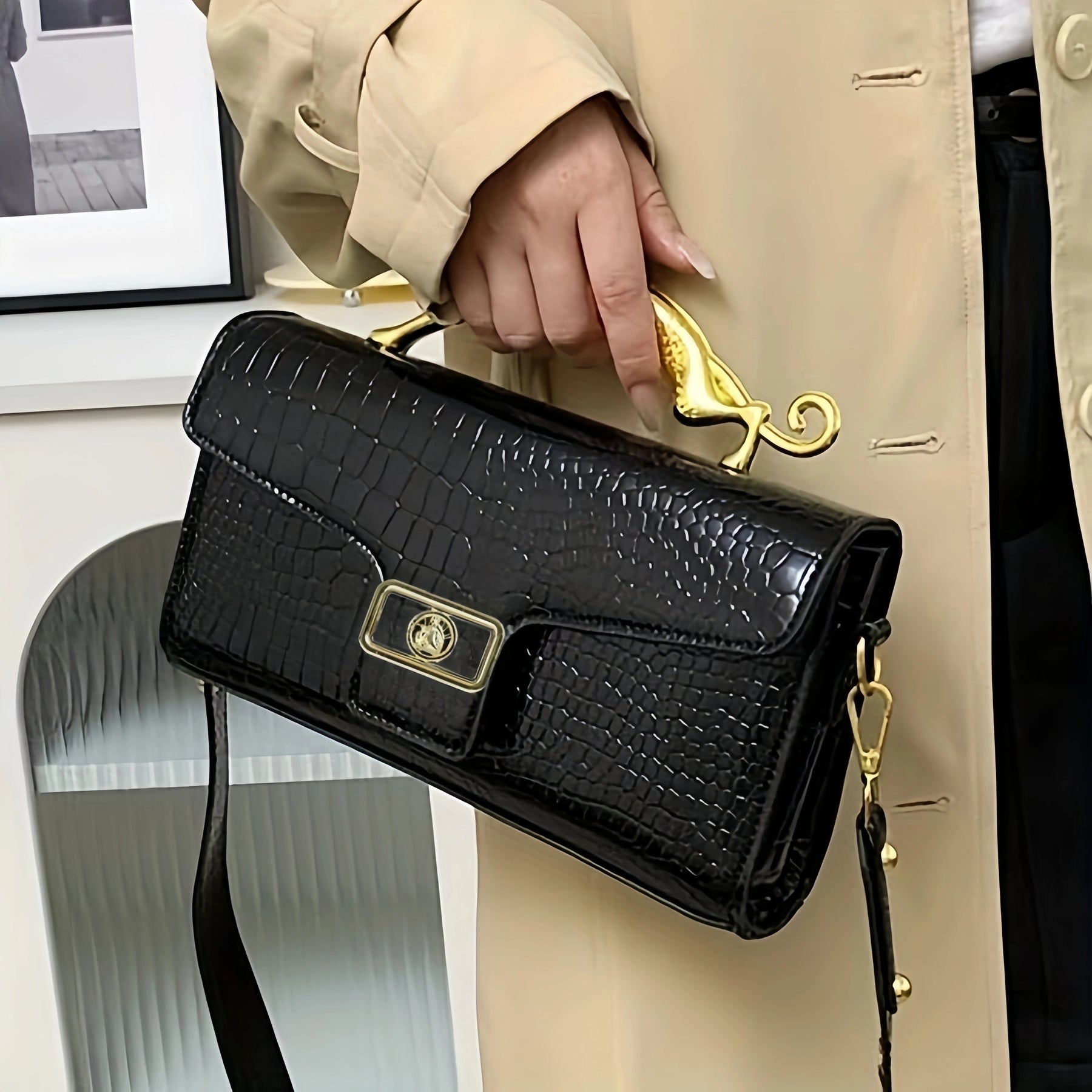 Mini Tote Bag Feminina 2025 Nova Concha - Elegante Mala com Padrão de Concha e Ferragens em Tom Dourado, Fecho de Zíper e Alça Removível, Ferragens em Tom Dourado, Material PU Durável para Uso Diário e Eventos Formais, Acessório de Moda Versátil, Design Elegante, bolsas, bolsa transversal mulher, bolsa mulher, malas para mulheres, bolsa, bolsa mulher elegante