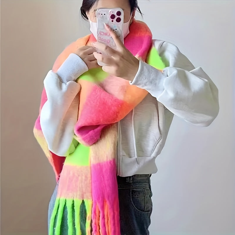 Lenço de Inverno Feminino - Amarelo Brilhante com Gradiente e Franjas, Estampa em Grade, Acessório para Clima Frio, Material Durável, Cobertura Boho, Acolchoado e Quente, Ideal para Exteriores