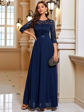 Vestido elegante de chiffon com renda e gola redonda, mangas 3/4, para casamentos, festas e damas de honor, estilo A-line.