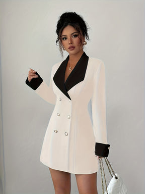 Women's French Elegant Collar Short Dress - Black & White Structured A-Line Short Dress with Double-Breasted Front Closure, Machine Washable All-Season Party Wedding Date Night Outfit, Tailleur-Inspired Jacket-Like Fit