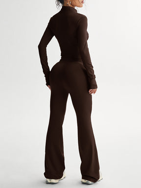 Conjunto Casual Feminino Primavera/Verão 25 Anos: Jaqueta Aberta com Zíper e Calça Flare Ajustada, Top Slim Fit com Bolsos para Polegar e Calças de Cintura Alta