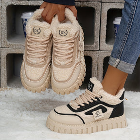 Botins de Inverno Quentes com Forro de Lã para Mulher - Botas de Neve Aconchegantes de Biqueira Redonda com Fecho de Cordões, Tração Antiderrapante, Sola de Borracha Espessa e Forro Aveludado, & Sapatos Casuais Castanhos para Clima Frio, Botas de Inverno