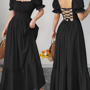 Elegant Bubble Sleeve Bow Dress