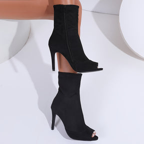 Botas de Salto Alto Plataforma Abertas na Ponta para Mulheres - Parte Superior em Tecido Preto com Fecho de Zíper, Botinhas Versáteis para Todas as Estações e Looks, Calçado Formal, Design Descolado, Sola de Borracha Durável, Sapatos de Festa, Calçados Elegantes