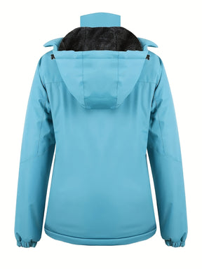 Casaco de esqui feminino com forro azul claro, capuz removível, gola de corte completo com fecho de correr, design com capuz, forro de lã multi-bolsos, ideal para esportes de inverno, snowboard, caminhadas e acampamentos, casaco de esportes de inverno|casaco com capuz|casaco forrado