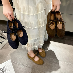 Ballets Retro Mary Jane Femininos - Corte Baixo, Slip-On com Atacadores, Sola EVA Ultra Suave e Biqueira Redonda - Castanho/ - Calçado Versátil, Confortável para Todas as Estações, Design Elegante, Para Amantes da Moda