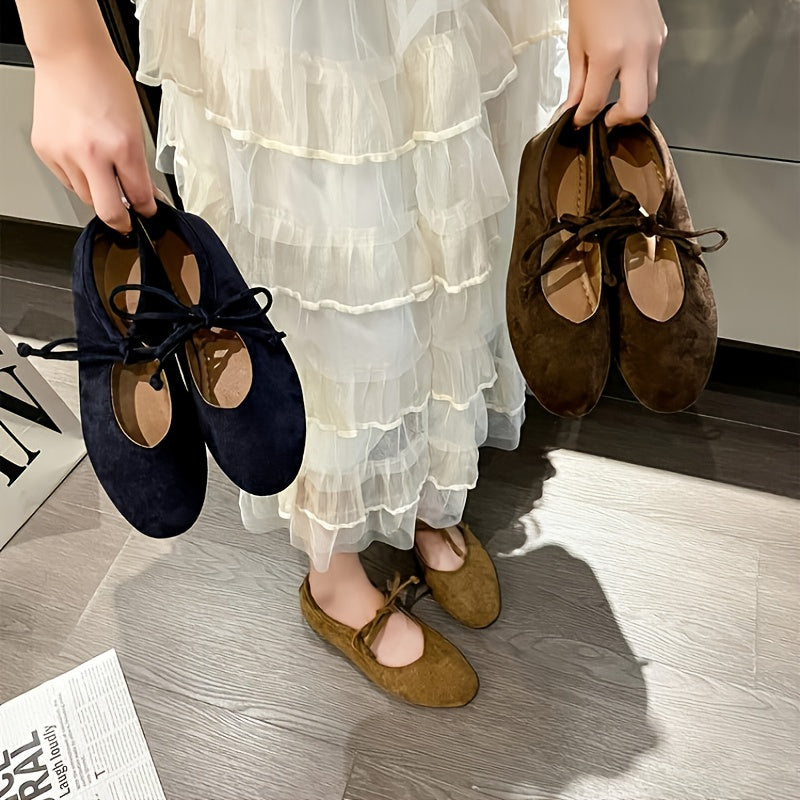 Ballets Retro Mary Jane Femininos - Corte Baixo, Slip-On com Atacadores, Sola EVA Ultra Suave e Biqueira Redonda - Castanho/ - Calçado Versátil, Confortável para Todas as Estações, Design Elegante, Para Amantes da Moda