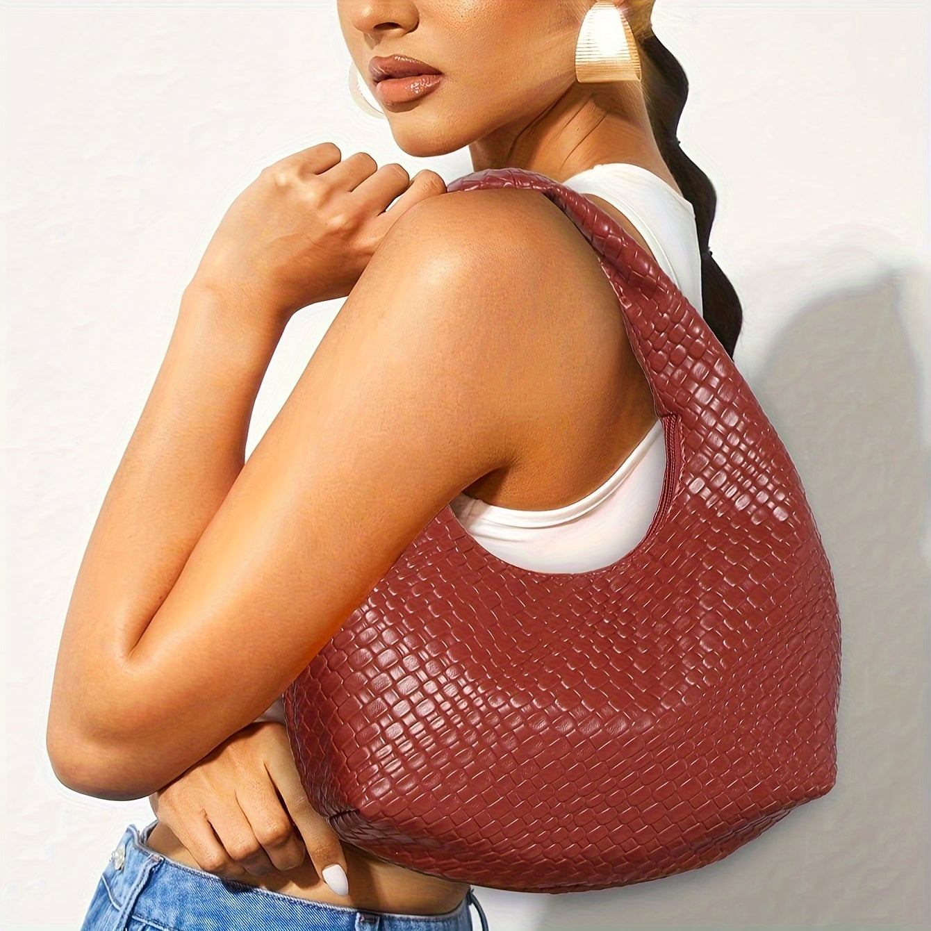 Bolsa Hobo Elegante Bordô Tecida com Crescente para Mulheres - Cor Sólida Chique, Fecho de Zíper, Tote de Ombro em Couro Ecológico Durável com Forro de Poliéster, Bolsa de Mão Fashion para o Subaxilar