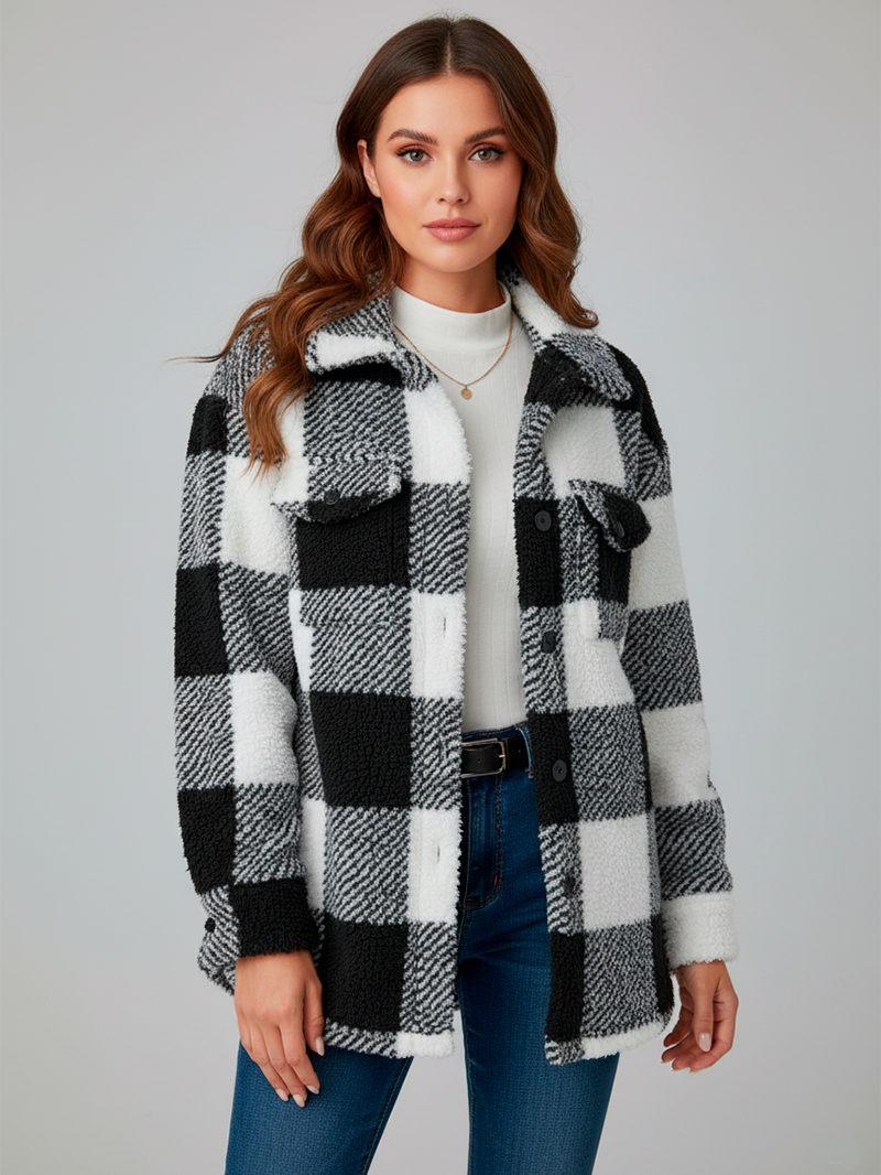 Elegant Plush Winter Jacket - Chic Plaid Design