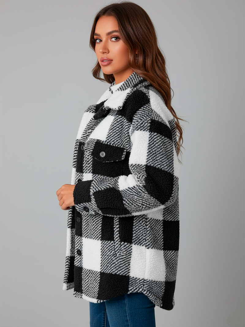 Elegant Plush Winter Jacket - Chic Plaid Design