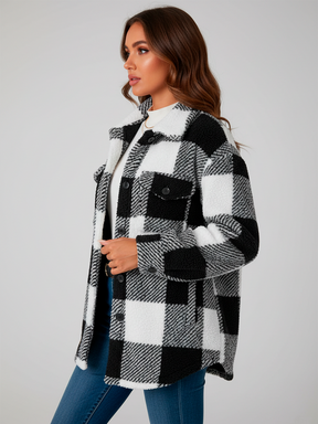 Elegant Plush Winter Jacket - Chic Plaid Design
