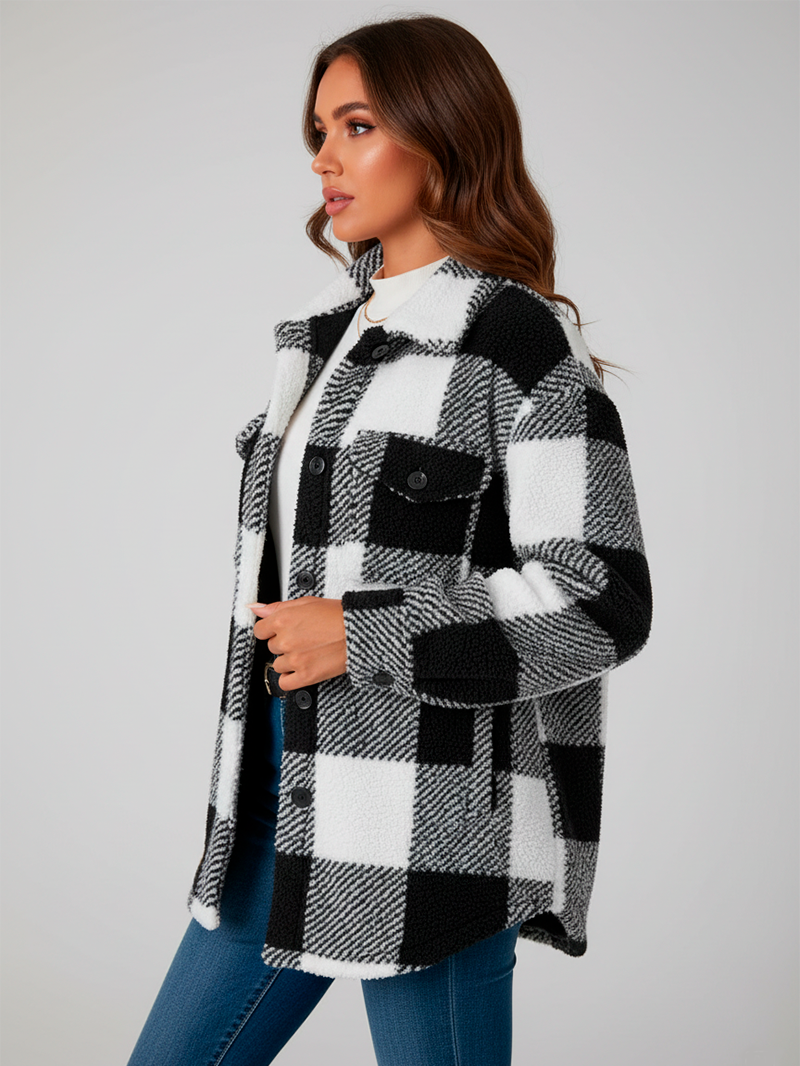 Elegant Plush Winter Jacket - Chic Plaid Design