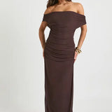 The Chocolate Muse: Sculptural Off-the-Shoulder Evening Gown