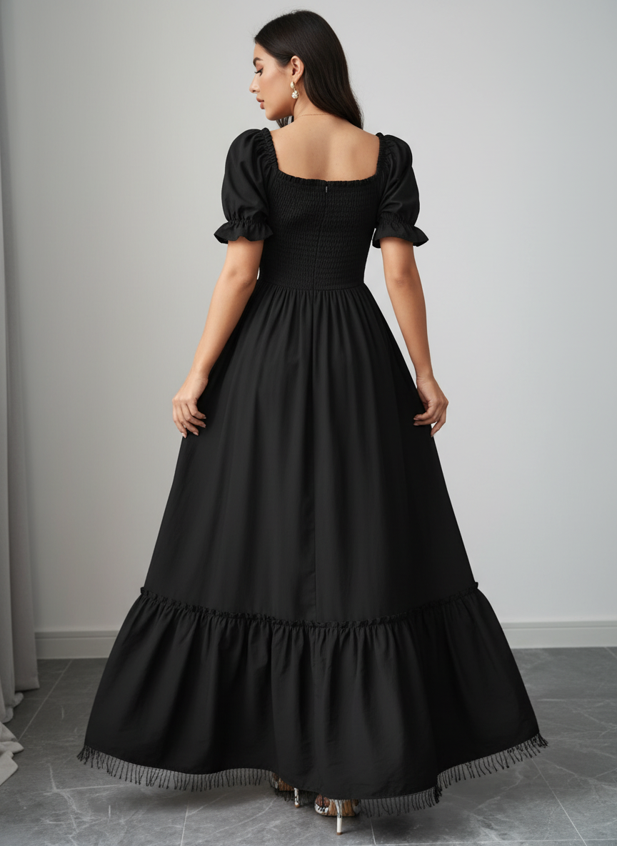 Elegant Bubble Sleeve Bow Dress